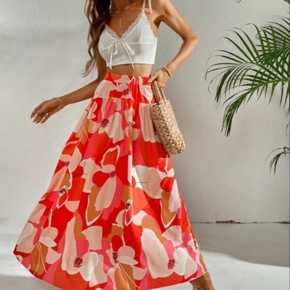 . Dresses & Skirts - Boho Floral Tropical Maxi Skirt Vacation RED